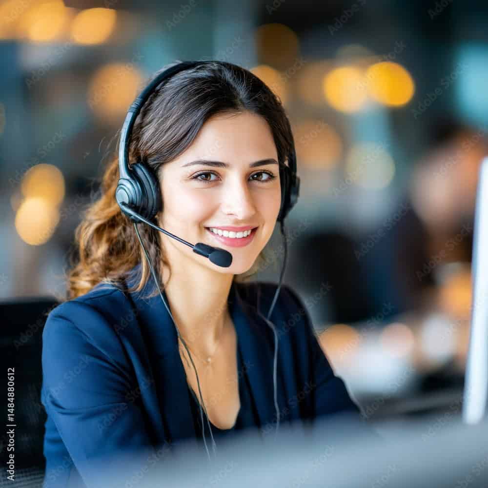 Freundliche Kundenservice-Mitarbeiterin mit Headset in modernen Call-Center-Umgebung, professionell und kundenorientiert.